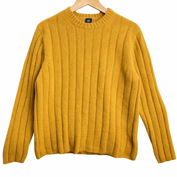 GAP Yellow 100% Lambswool Ribbed Preppy Crewneck Sweater Size L - Picture 2 of 7